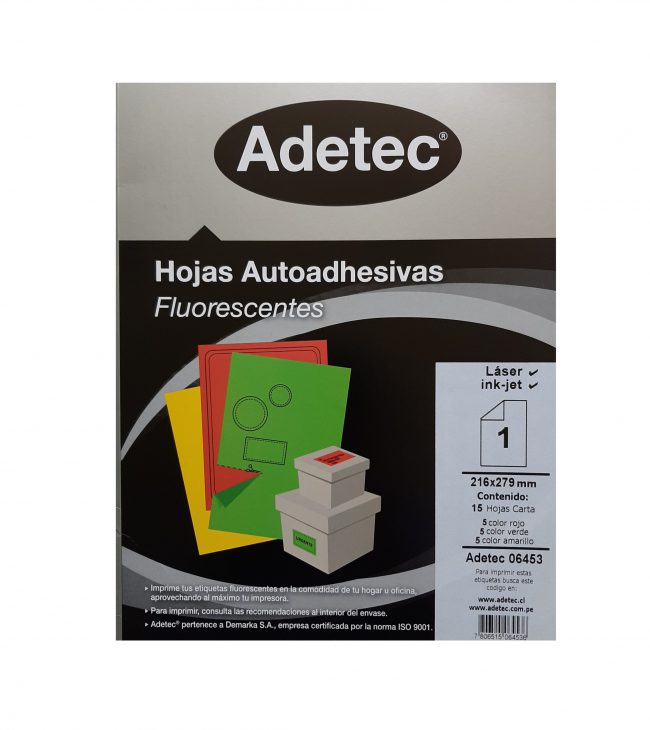 Hojas Autoadhesivas Fluorescente formato 1 Adetec tamaño Carta 15 hjs. – Librería